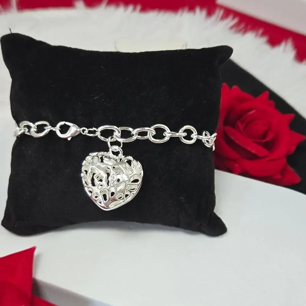 Puffy Filigree Heart Bracelet Stainless Steel Chunky Chain Love Romantic Gift